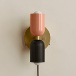 Up Down Plug-In Wall Sconce - Brass Canopy / Peach Upper Shade