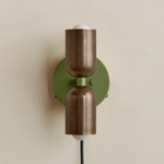 Up Down Plug-In Wall Sconce - Reed Green Canopy / Patina Brass Upper Shade
