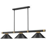 Vanguard Linear Pendant with Metal Cone Shade - Matte Black / Rubbed Brass / Matte Black