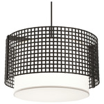 Tweed Linen Drum Pendant - Matte Black / White Linen