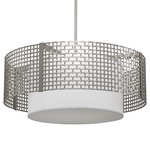 Tweed Linen Drum Pendant - Metallic Beige Silver / White Linen