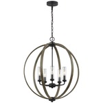 Allier Outdoor Chandelier - Weathered Oak Wood / Antique Forged Iron / Clear