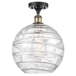 Deco Swirl Semi Flush Ceiling Light - Black / Antique Brass / Clear
