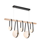 Derby Linear Pendant - Polished Nickel / Chestnut Leather / Black Wood