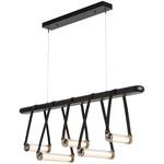 York Multi Light Pendant - Polished Nickel / Black Leather / Black Wood