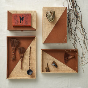 Leather & Raffia Tray Set of 2