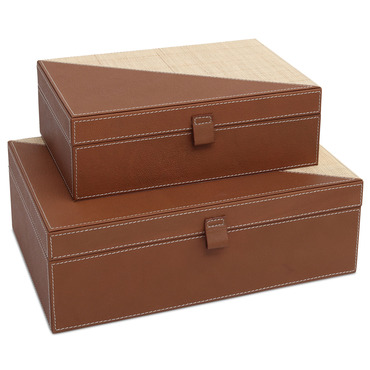 Leather & Raffia Box Set of 2