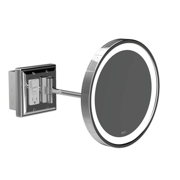 Baci Senior Single Arm Wall Mirror w/GFCI Outlet | Remcraft Lighting at Lightology Baci Senior Single Arm Wall Mirror w/GFCI Outlet