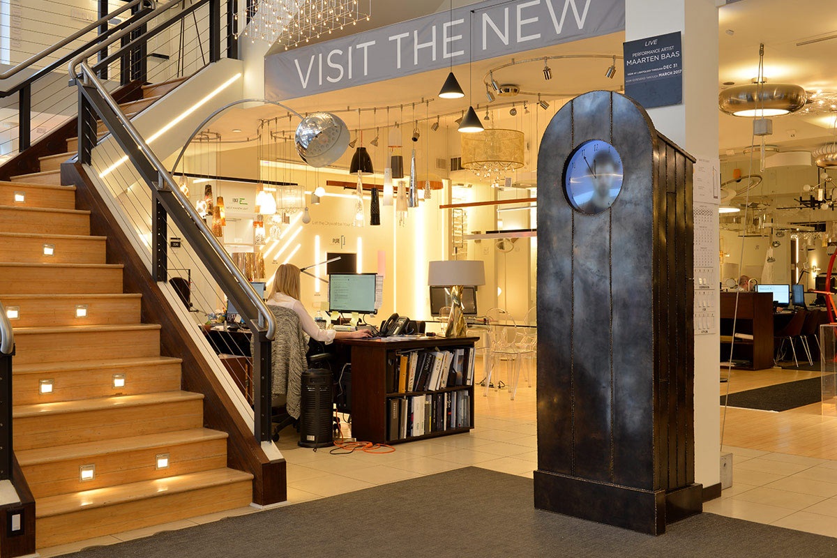 Chicago Lighting Showroom In Visitors Are Greeted By Maarten Baas S Grandfather Clock Just One Of Many Artworks Found Throughout The Space